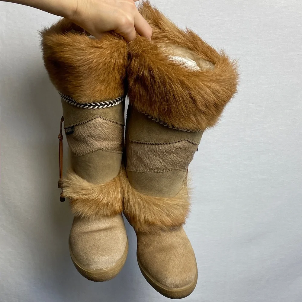 ITALY Leather suede Real fur Sherpa Tan mink Fur Trimmed Women Boots SKI WINTER